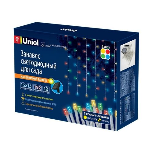 Садовая гирлянда на солнечной батарее "Занавес" Uniel USL-S-132/PT1515 MULTICOLOR CURTAIN 1AA IP44 картинка 